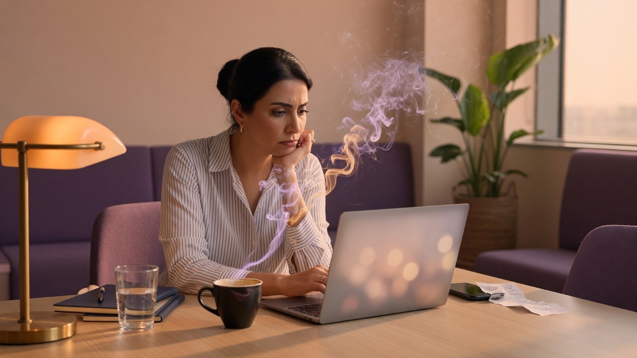 A thoughtful entrepreneur at her desk, chin on hand, as soft amber and violet wisps rise from the laptop — quiet pressure, not panic.