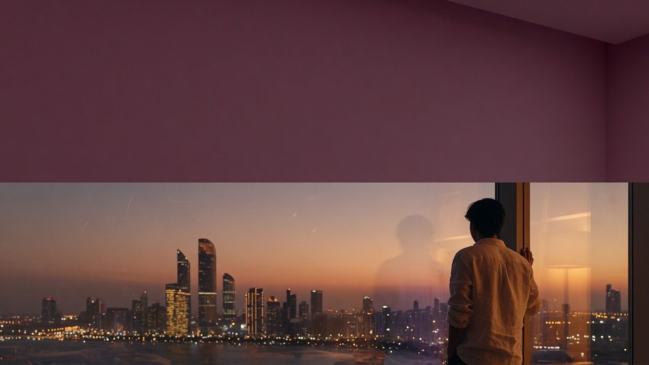 Founder at dusk looking over the Abu Dhabi skyline