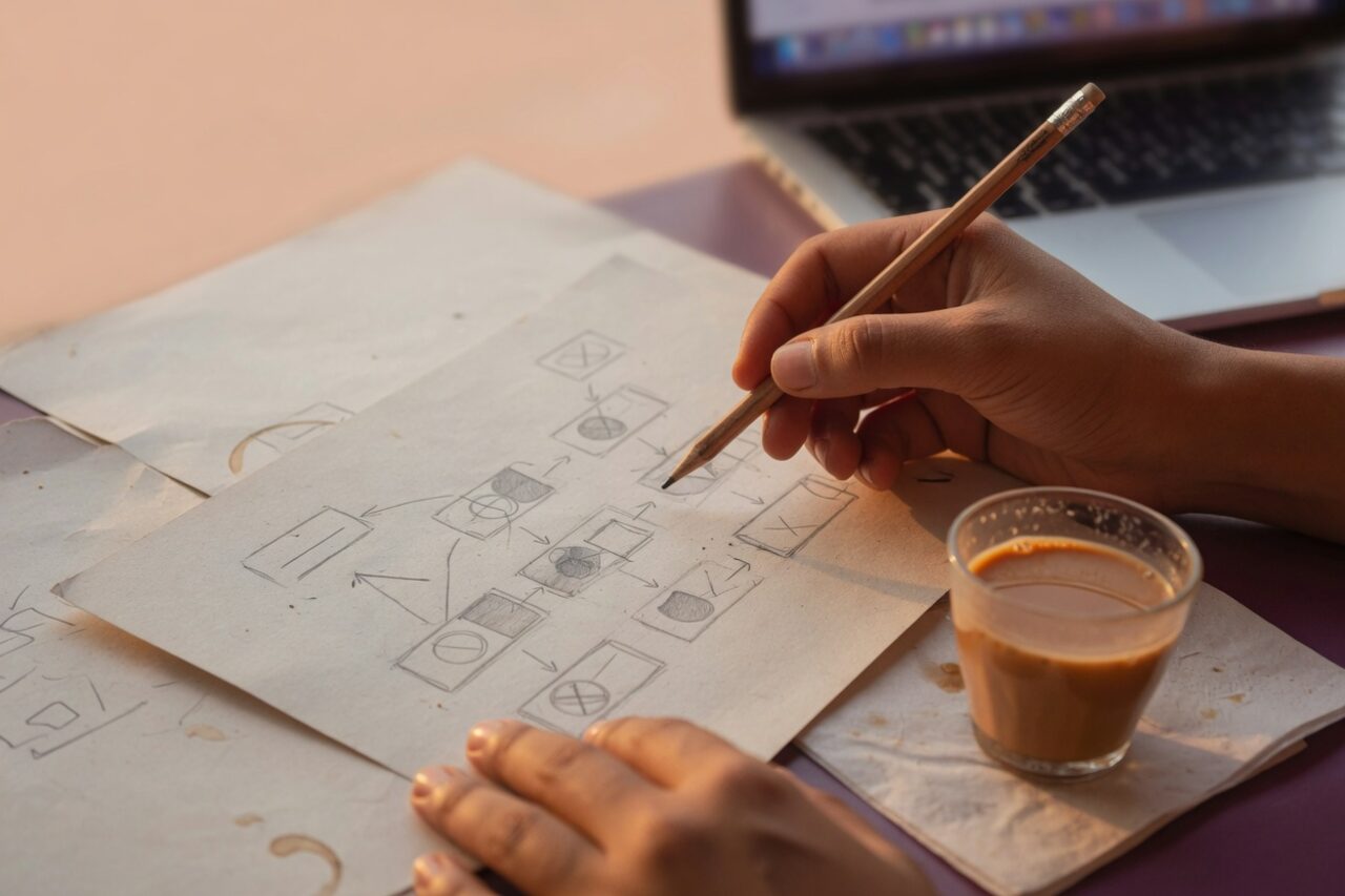 Hands sketching a workflow diagram beside a glass of karak tea