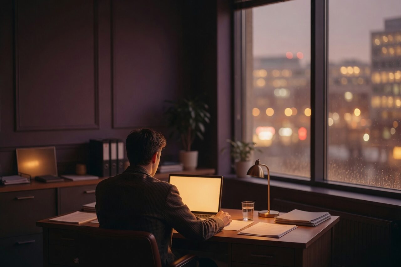 Person working late at an office desk, city lights beyond the window
