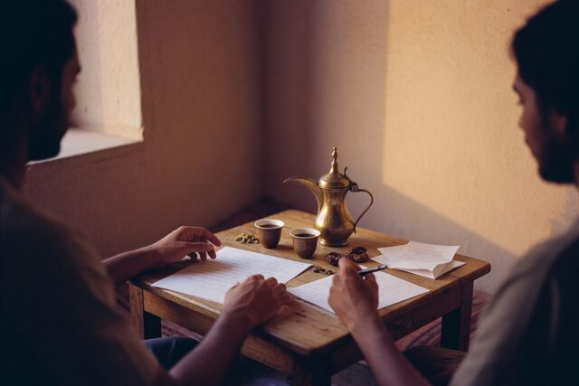 Two people talking over Arabic coffee in a majlis